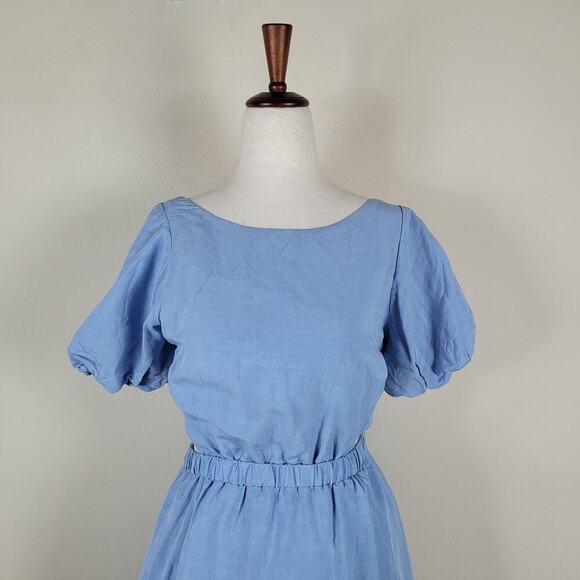 ASTR the Label Dress Womens Small Blue Jelena Cut Out Puff Sleeves Midi Ruffles - Picture 3 of 10